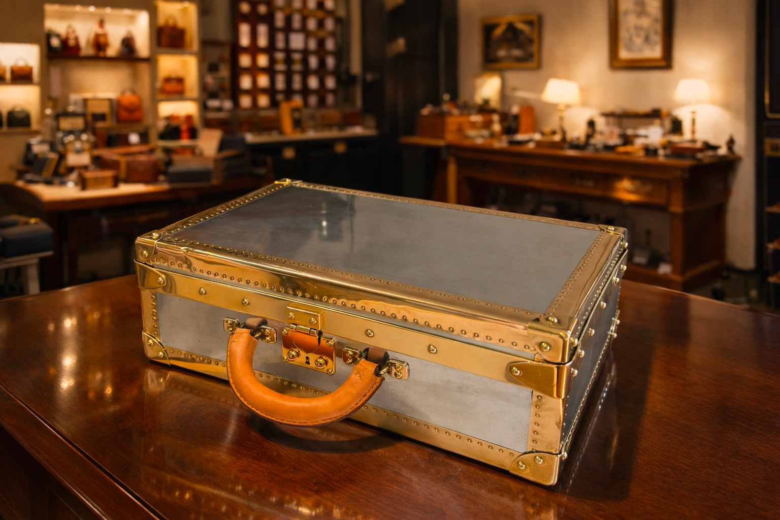 R3420  Valise en Zinc  ,  laiton et cuir   avec  Clef 