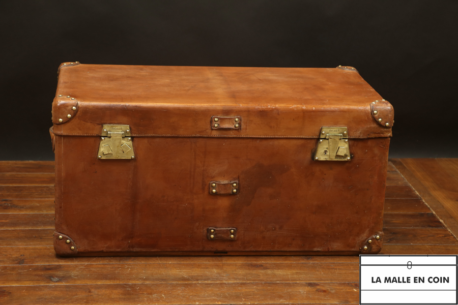 Steamer trunk, all leather and brass, with Fichet locks