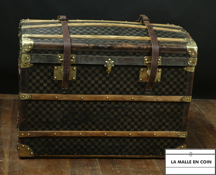 R3439 Malle  bombé  Damier avec sangles en cuir 