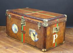 Leather Goyard steamer trunk with key